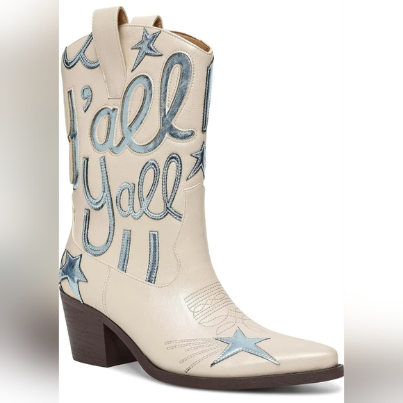 Shoes - Cream and Blue Western Boots